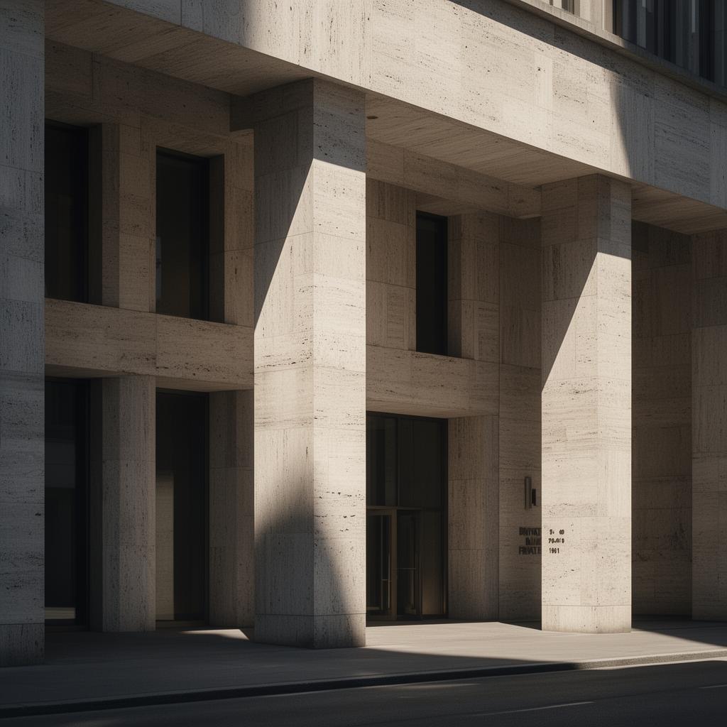 Brutalist limestone facade of a private banking institution