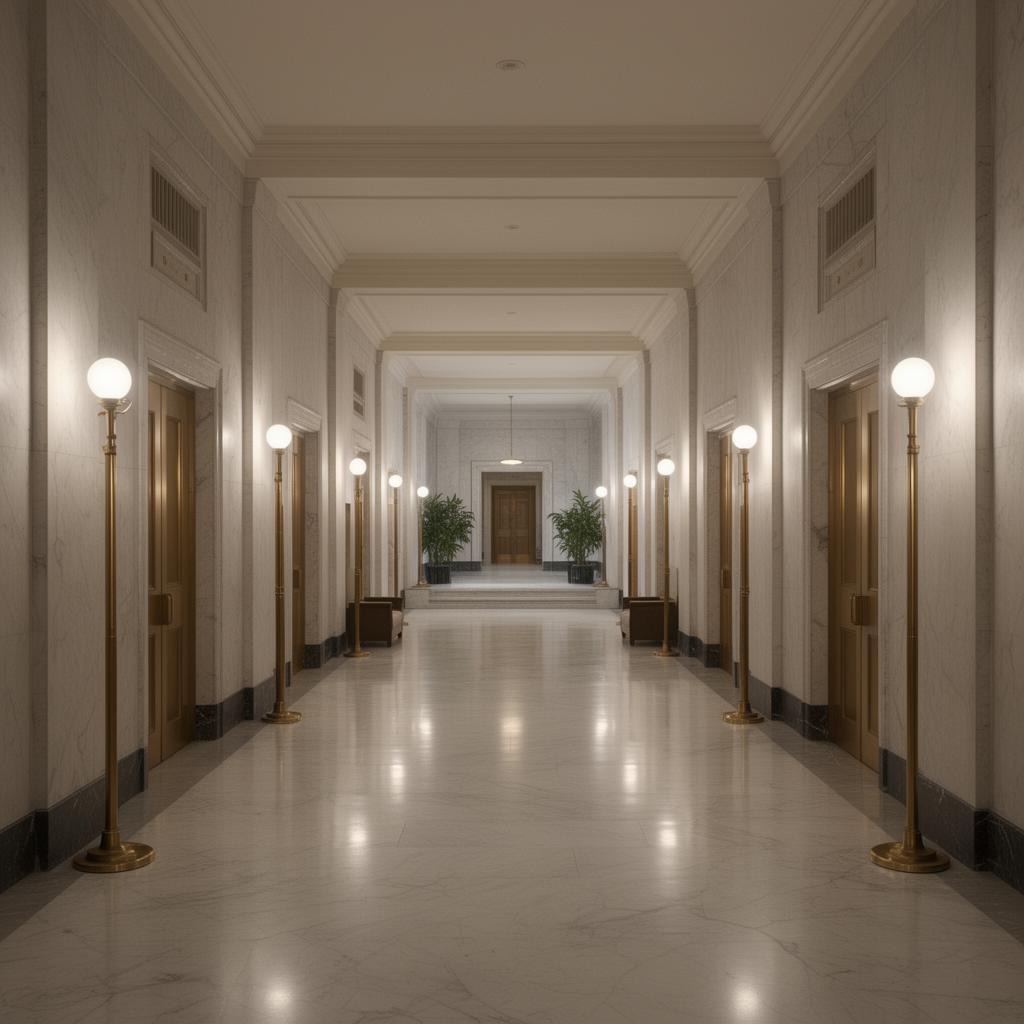 Quiet institutional marble lobby with brass detailing
